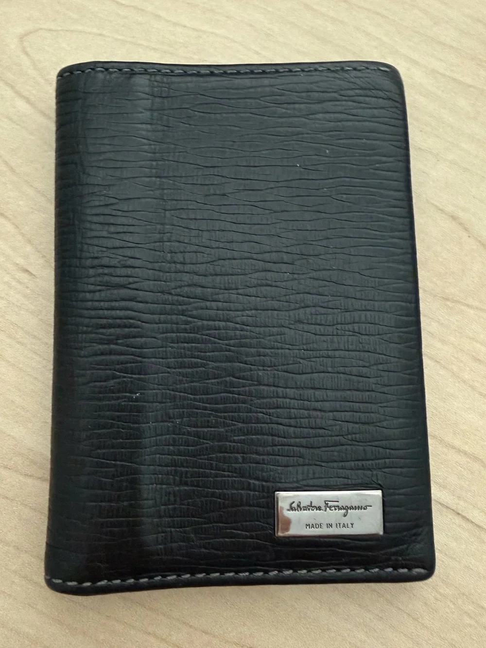 Salvatore Ferragamo Black Textured Leather Card Wallet with Metal Logo